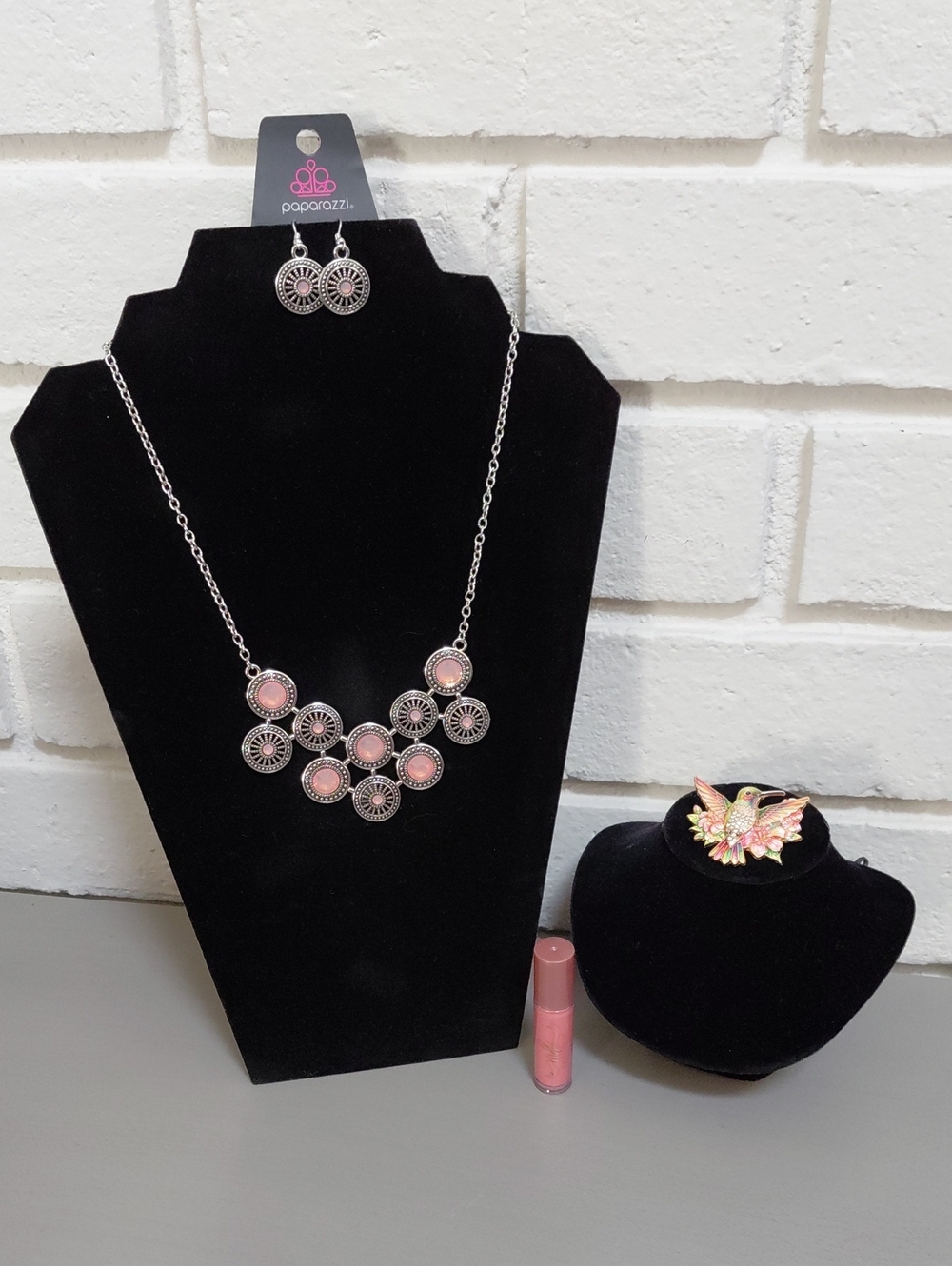 Silver-Tone Pink Necklace & Earrings, Hummingbird Brooch and Lop Gloss.